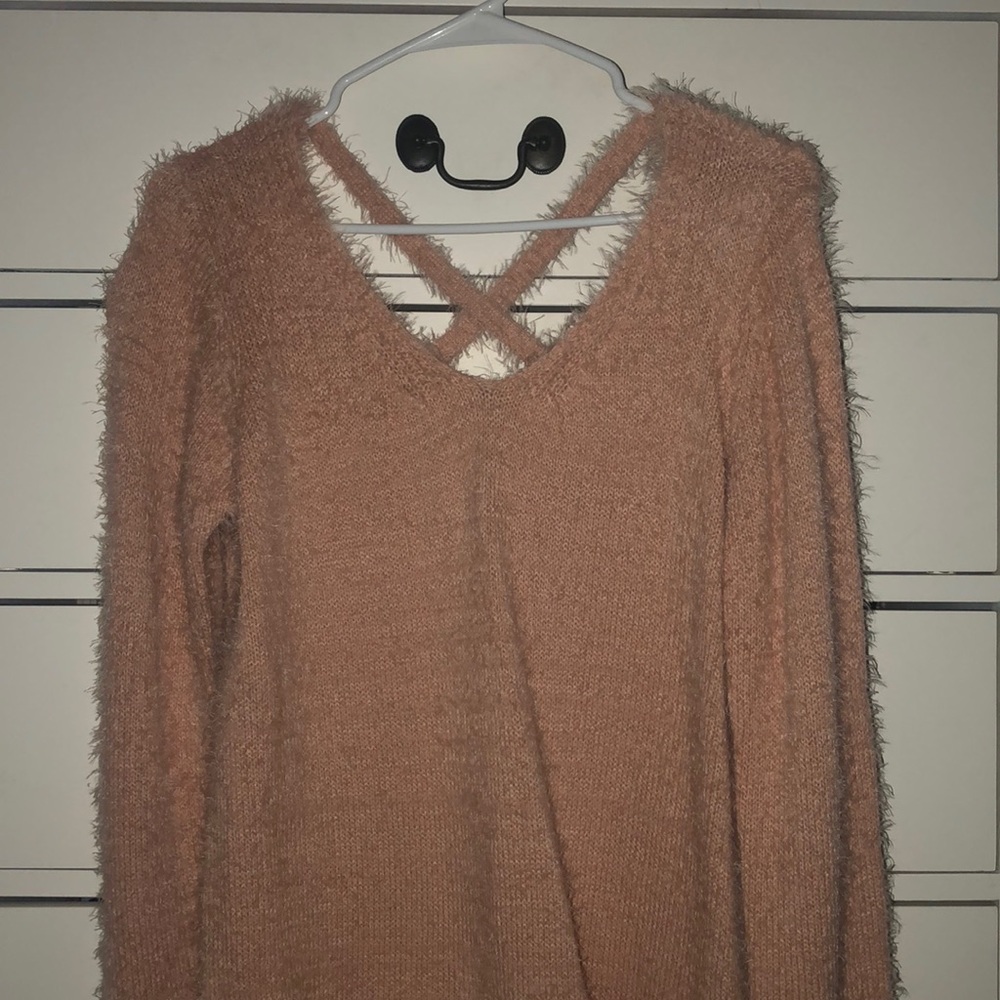 Woven Heart Light Pink Fuzzy Sweater